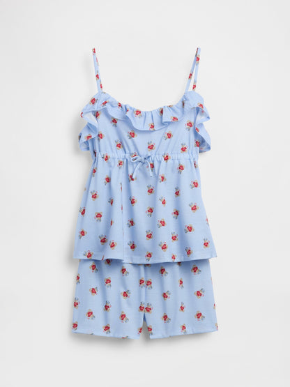 Mavi Recycle Fırfır Askılı Şort Pijama Seti