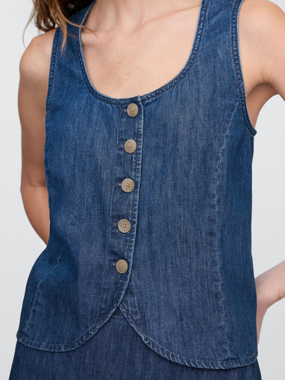 Mavi V Yaka Denim Askılı Bluz