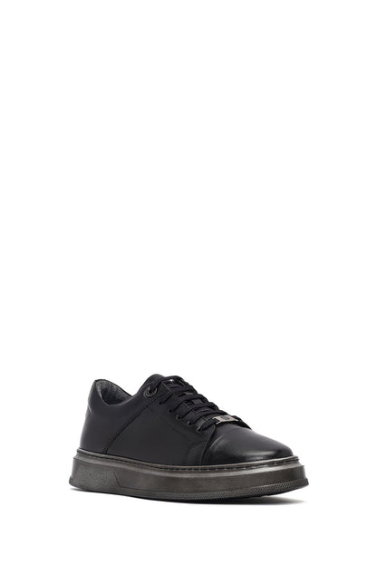 Erkek Siyah Bağcıklı Deri Sneaker