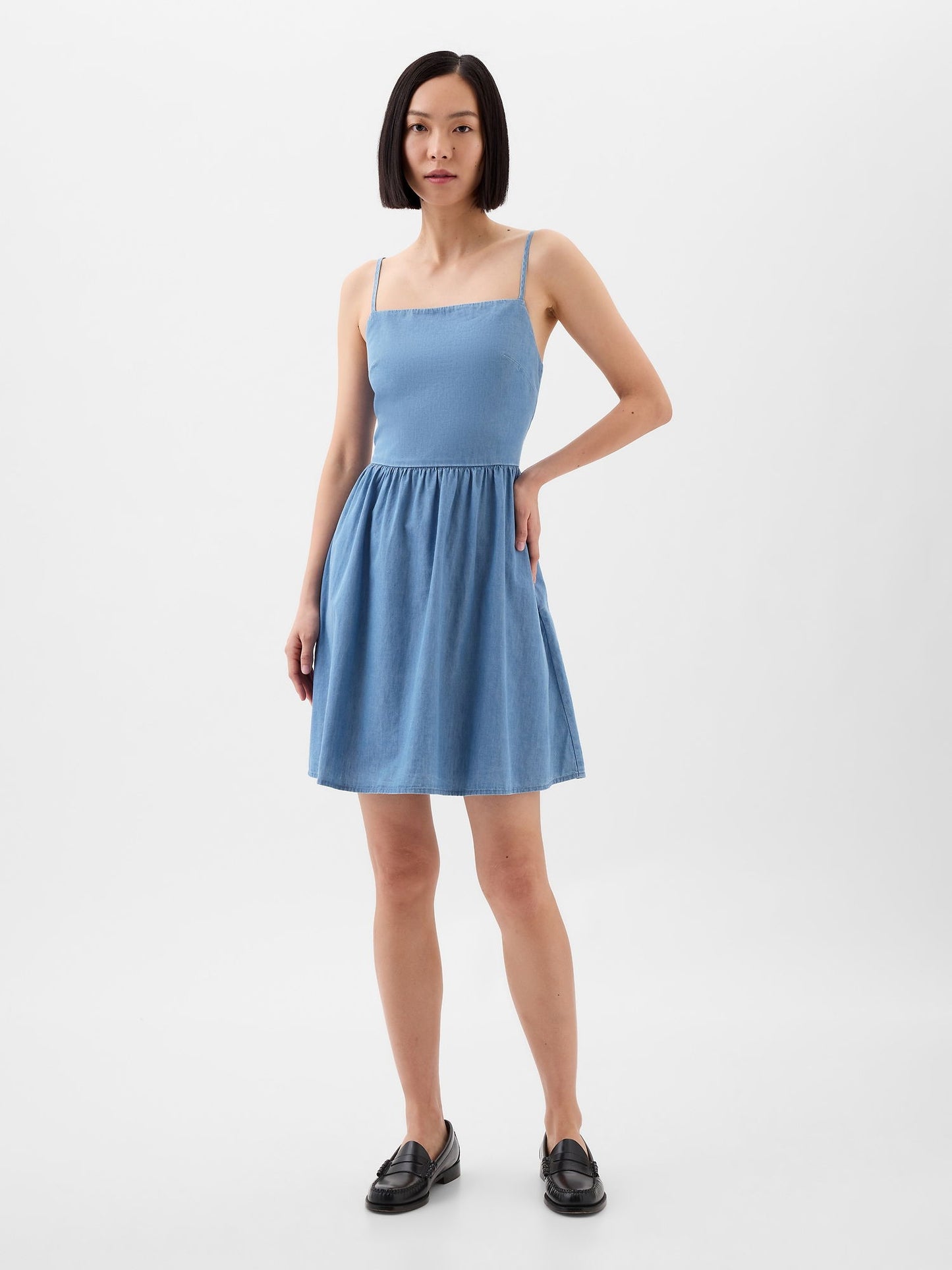 Mavi Kare Yaka Denim Mini Elbise