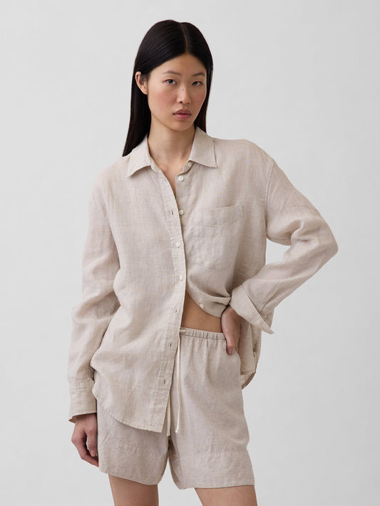 Bej 100% Keten Oversize Gömlek