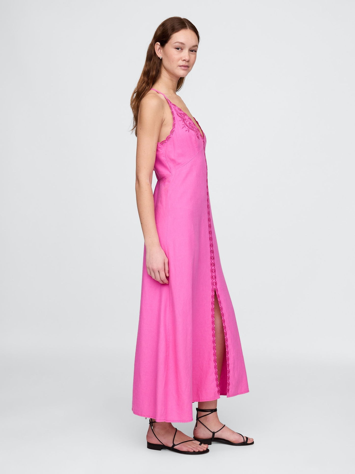 Pembe Linen-blend Nakışlı Halter Maxi Elbise
