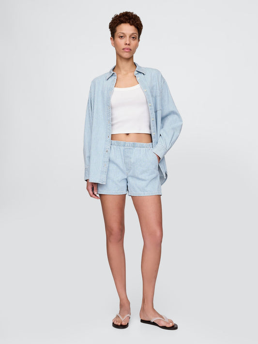 Açık Mavi Mid Rise Denim Boxer Şort