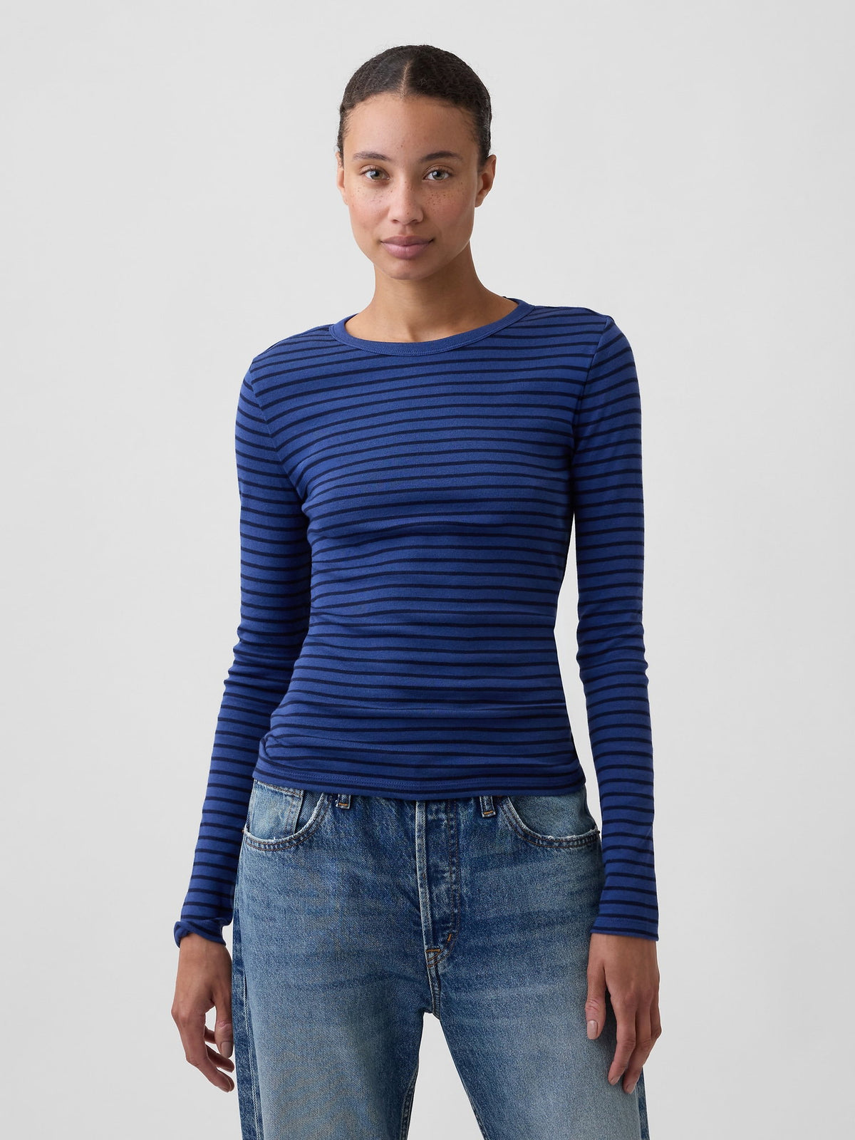 Koyu Mavi Modern Fitilli Bisiklet Yaka T-shirt