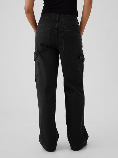 Siyah Mid Rise '90s Loose Kargo Jean Pantolon