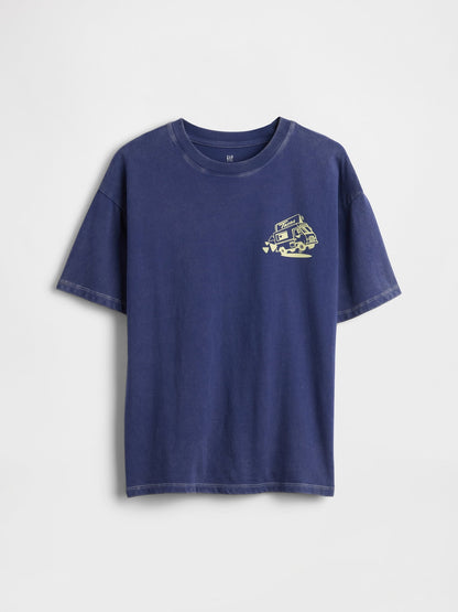 Koyu Mavi Relaxed Grafik Baskılı T-shirt