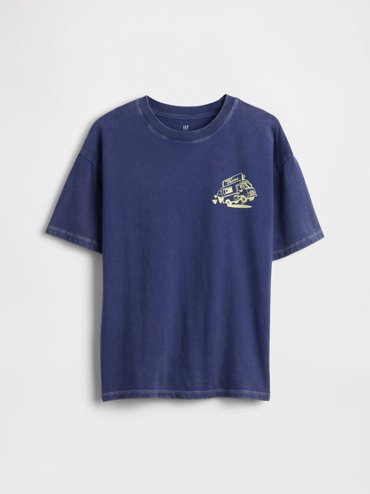Koyu Mavi Relaxed Grafik Baskılı T-shirt