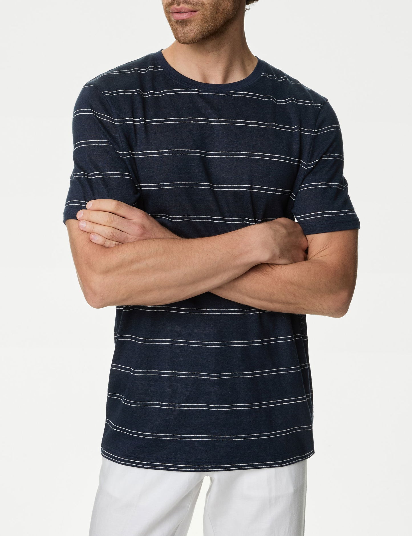 Kısa Kollu Çizgili Saf Keten T-shirt