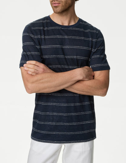 Kısa Kollu Çizgili Saf Keten T-shirt