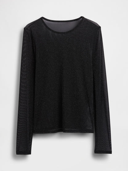Siyah Sheer Metallic Mesh T-shirt