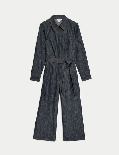 Uzun Kollu Denim Keten Tulum