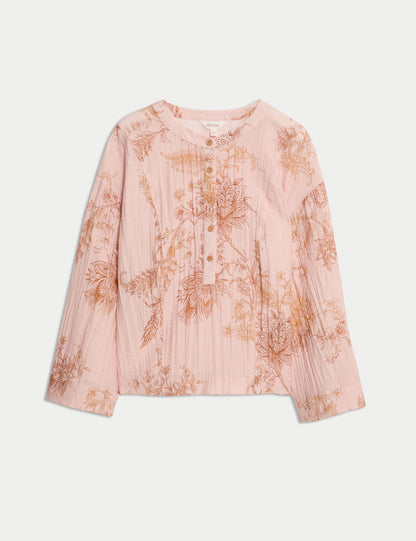 Desenli Yuvarlak Yaka Oversize Popover Bluz
