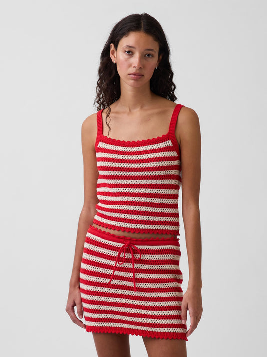 Kırmızı %100 Pamuk Crochet Crop Triko Bluz