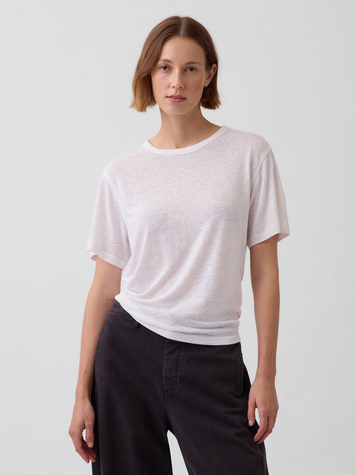 Beyaz Keten Karışımlı Relaxed T-shirt