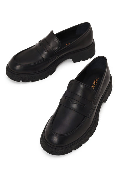 Kadın Siyah Kalın Tabanlı Deri Maskülen Loafer