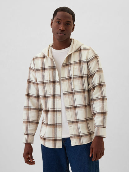 Kırık Beyaz Hoodie Standard Fit Flannel Gömlek