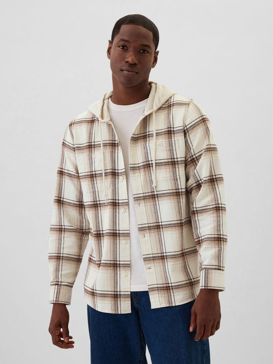 Kırık Beyaz Hoodie Standard Fit Flannel Gömlek