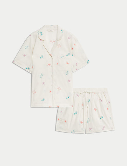 Saf Pamuklu Nakışlı Kısa Pijama Takımı