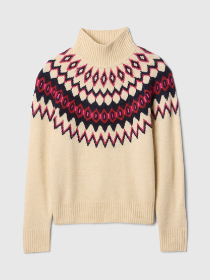 Bej Fair Isle Desenli Balıkçı Yaka Kazak