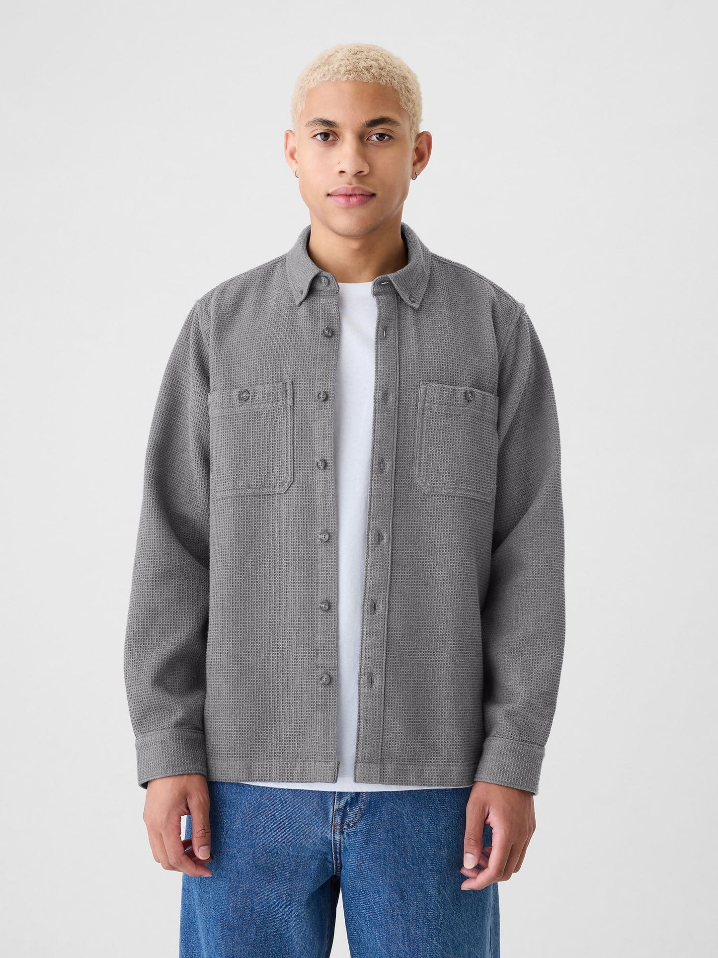 Gri Waffle Örgü Flannel Gömlek
