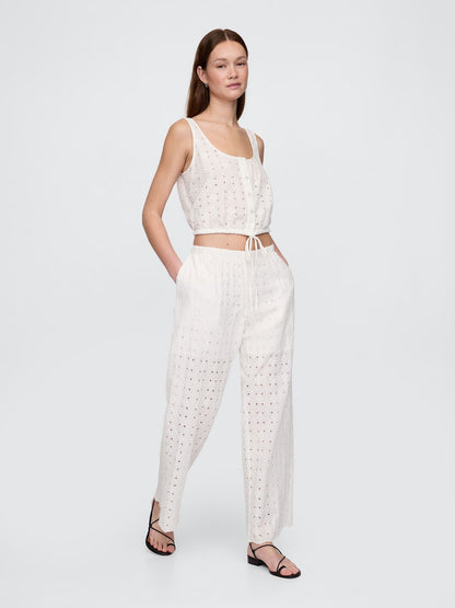 Beyaz Mid Rise Eyelet Kolay Wide-leg Pantolon