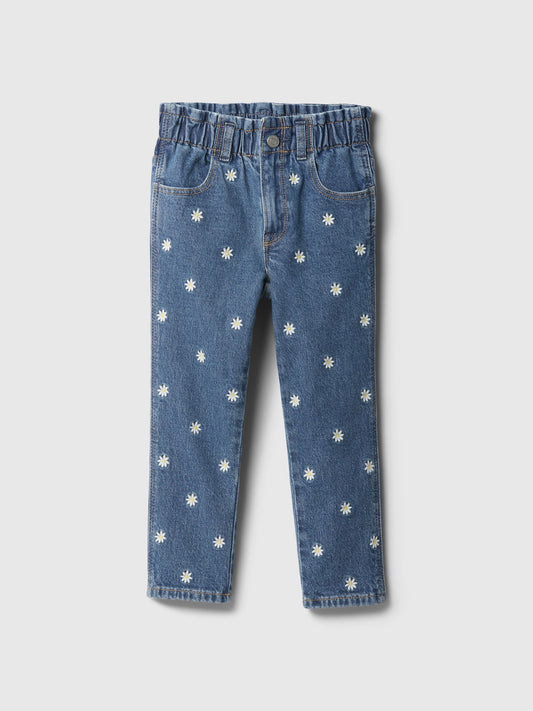 Mavi Işlemeli Paperbag Mom Jean Pantolon