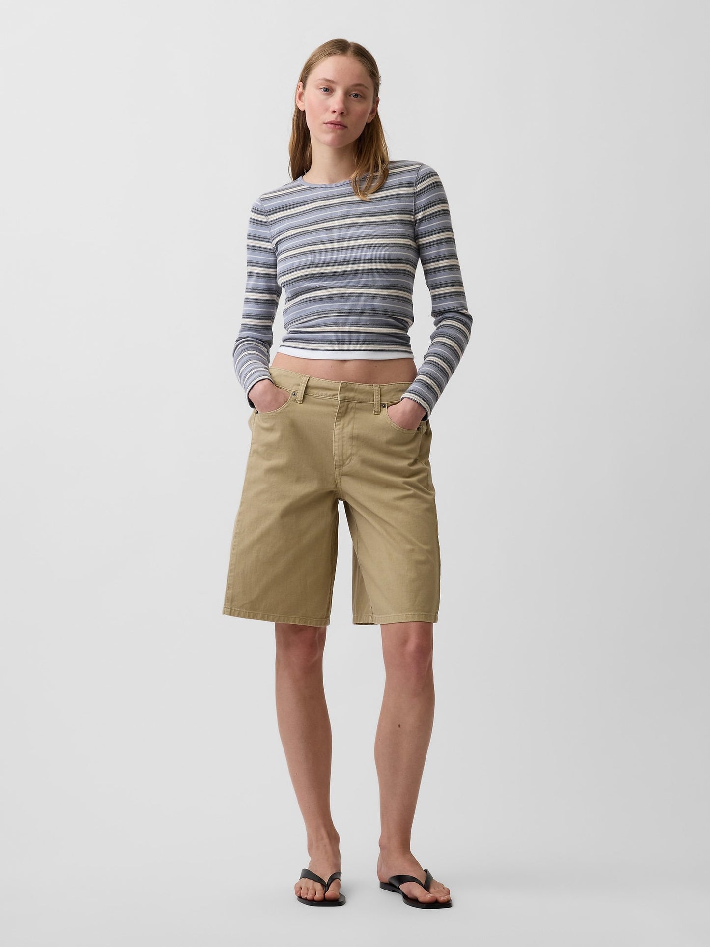 Bej Mid Rise Twill Side-pleat Şort