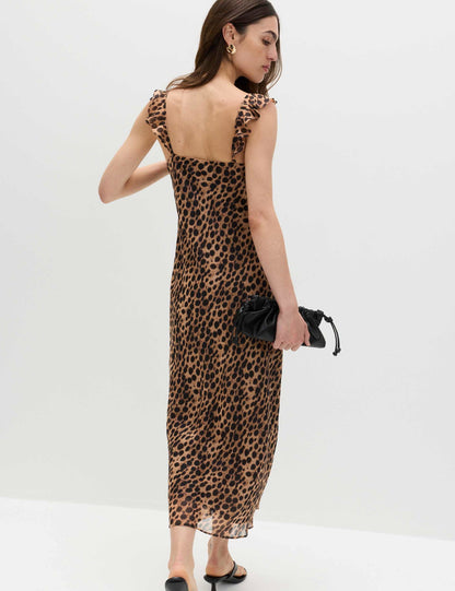 Leopar Desenli Midi Elbise