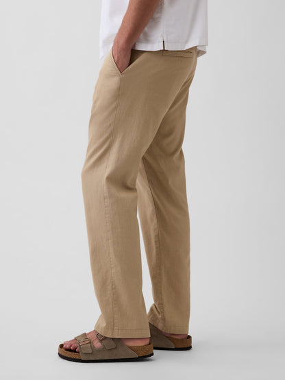 Bej Keten Pamuk Karışımlı Relaxed Straight Pantolon