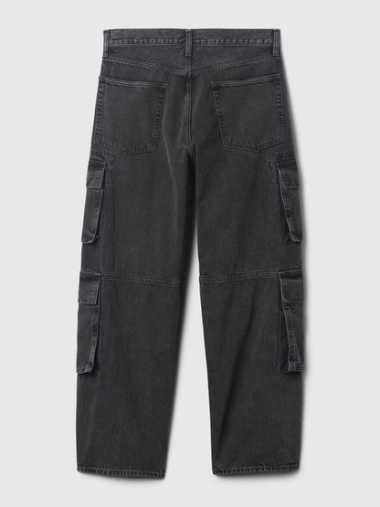 Siyah Double Kargo Baggy Jean Pantolon