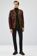 Wade Erkek Kahverengi Slim-fit Deri Ceket