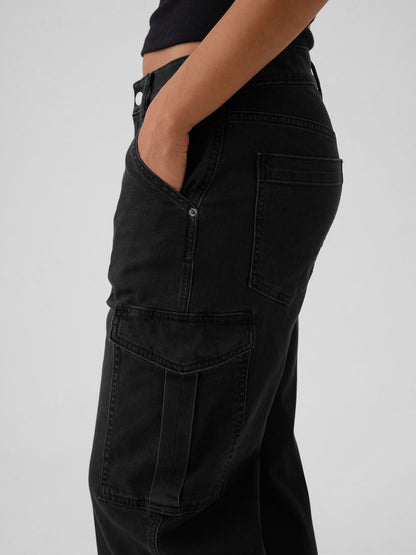 Siyah Mid Rise '90s Loose Kargo Jean Pantolon