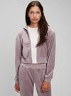 Mor Crop Kadife Fermuarlı Sweatshirt
