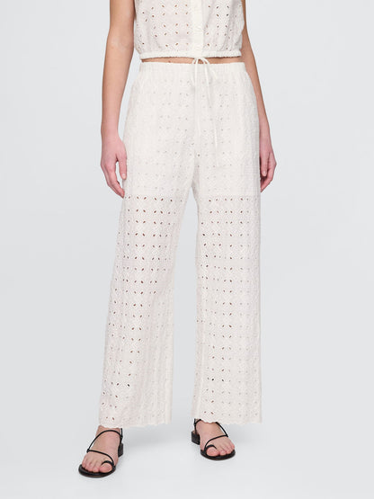 Beyaz Mid Rise Eyelet Kolay Wide-leg Pantolon