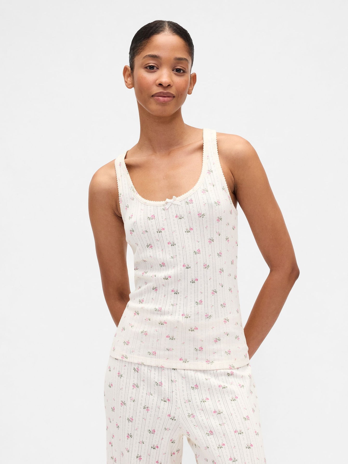 Çiçek Desenli Pointelle Scoopneck Tank Pijama Üstü