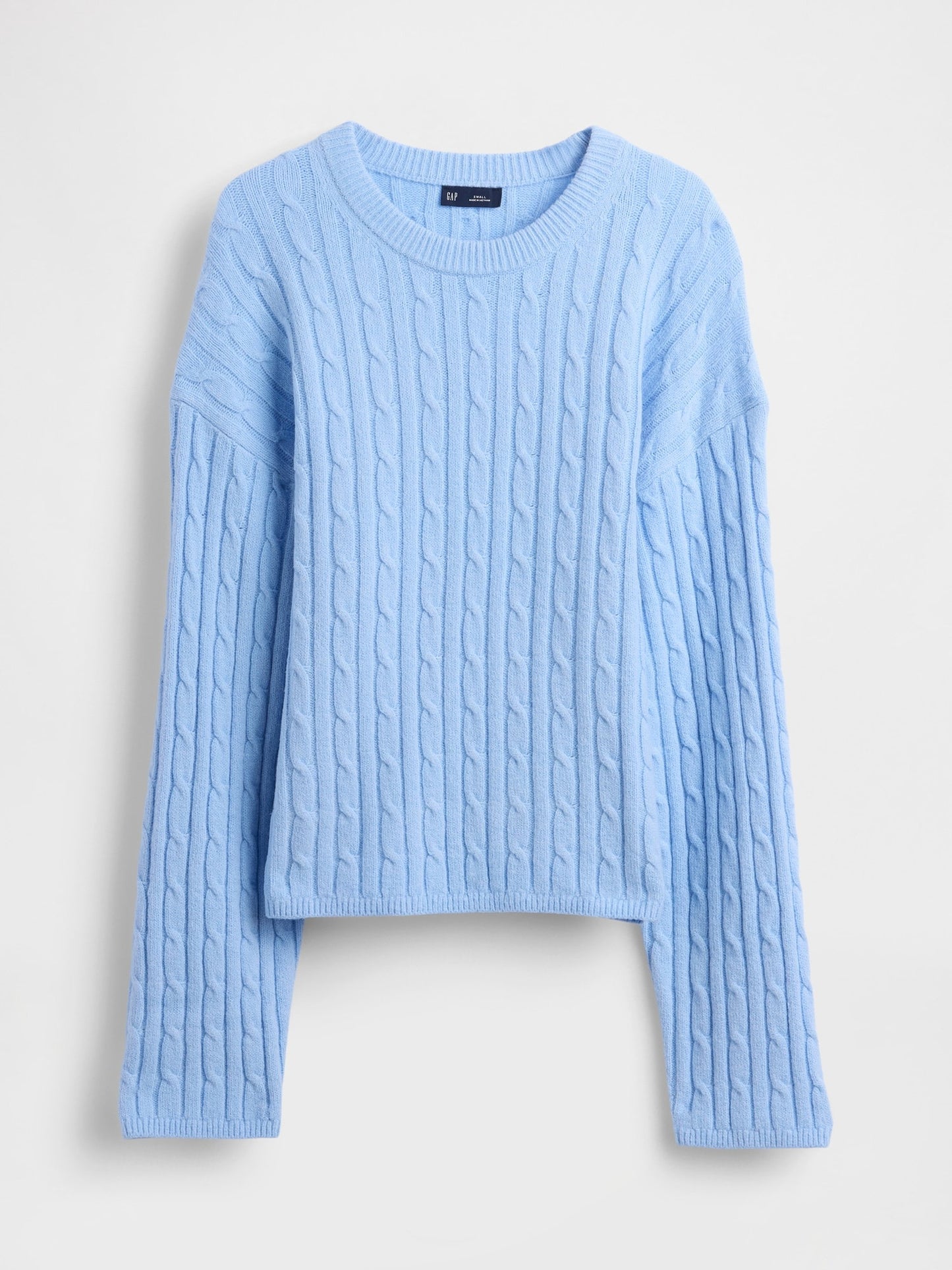 Açık Mavi Cashsoft Cable-knit Bisiklet Yaka Kazak