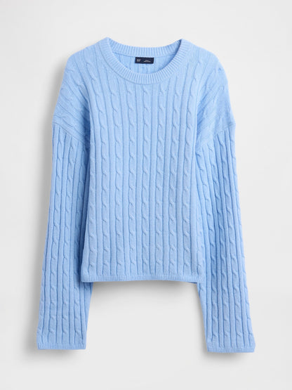 Açık Mavi Cashsoft Cable-knit Bisiklet Yaka Kazak