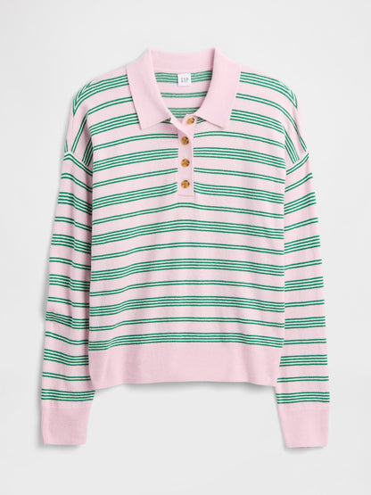Açık Pembe Cashsoft Relaxed Triko Polo Kazak