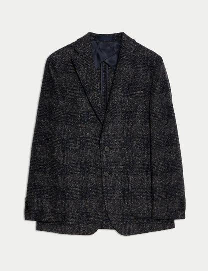 Yün Karışımlı Düz Kesim Kareli Blazer