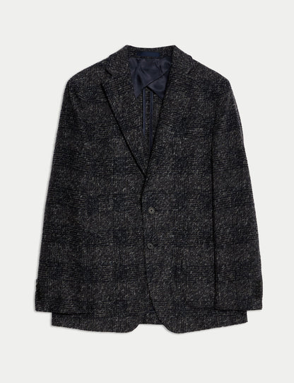 Yün Karışımlı Düz Kesim Kareli Blazer