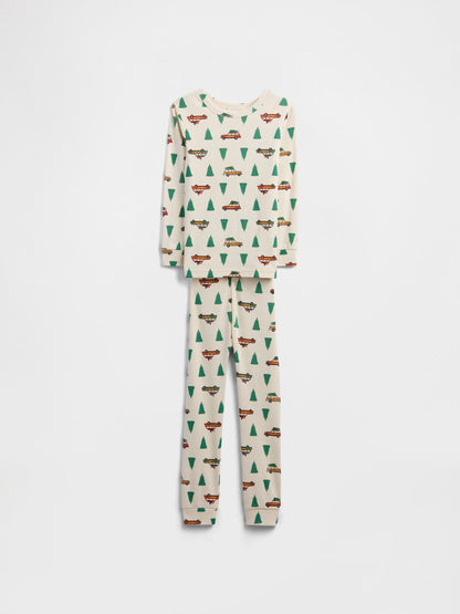 Kırık Beyaz %100 Organik Pamuk X-mas Tree Baskılı Pijama Takımı
