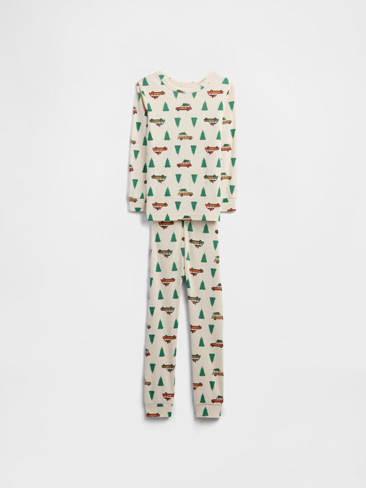 Kırık Beyaz %100 Organik Pamuk X-mas Tree Baskılı Pijama Takımı