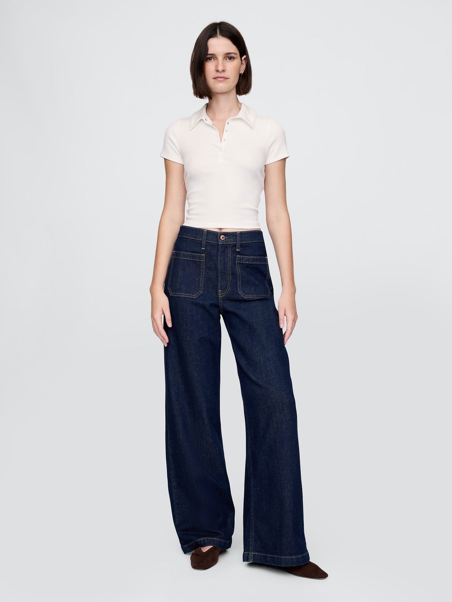 Beyaz Modern Fitilli Crop Polo T-shirt