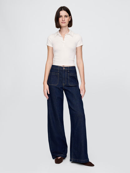 Beyaz Modern Fitilli Crop Polo T-shirt