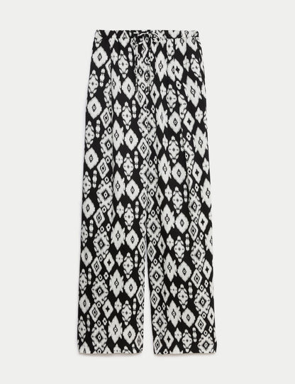 Yüksek Bel Desenli Crop Wide Leg Pantolon