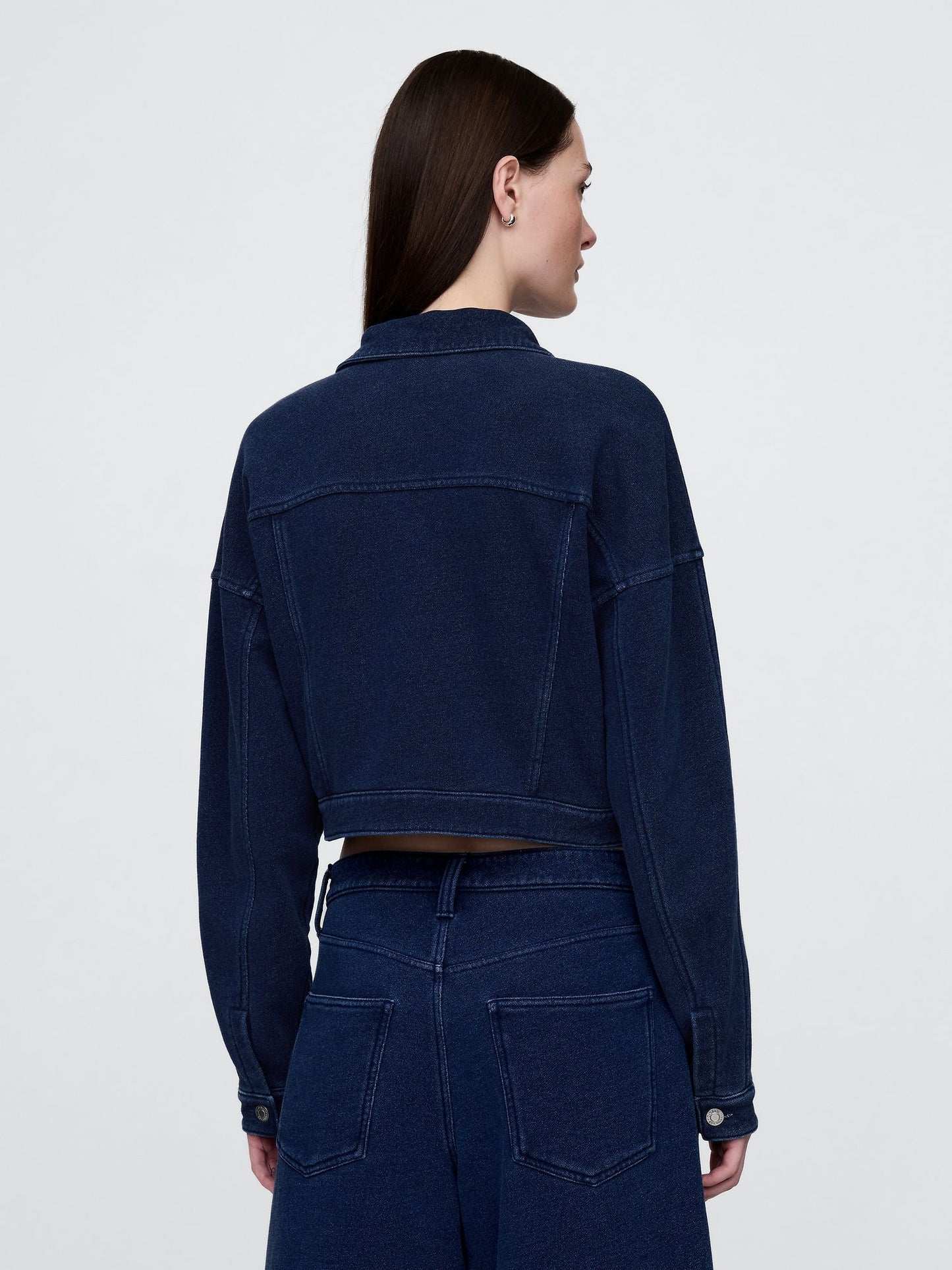 Koyu Mavi Fransız Havlu Kumaş Crop Icon Denim Ceket