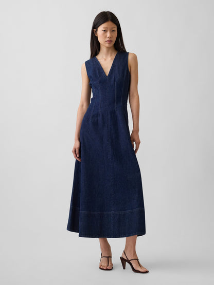 Koyu Mavi Denim V-yaka Maxi Elbise