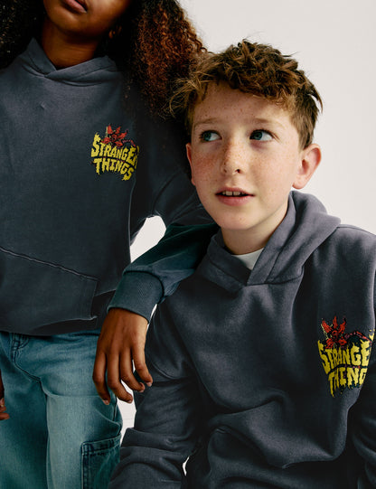Saf Pamuk Karışımlı Stranger Things Kapüşonlu Sweatshirt (6-16 Yaş)