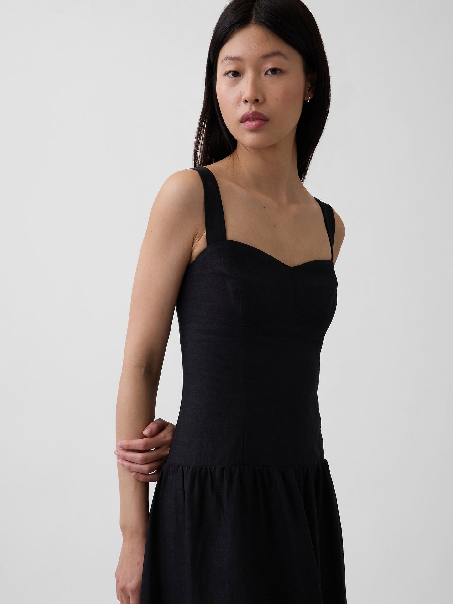 Siyah Keten Karışımı Drop-waist Korse Maxi Elbise
