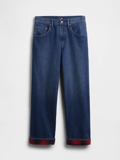 Koyu Mavi Stranger Things Flannel-astarlı Extra Baggy Jean Pantolon